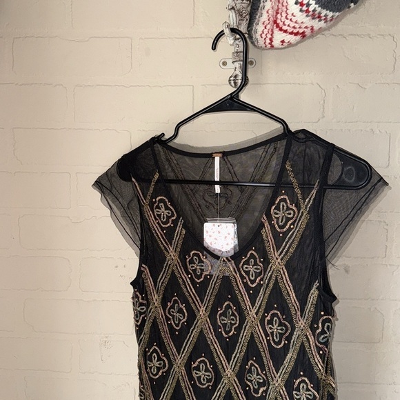 Free people shirt tulle raw pleated hem embroidered top beaded embroidery - Picture 3 of 7